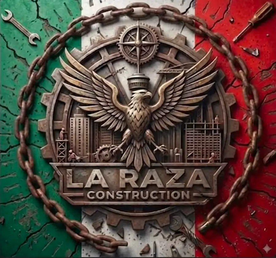 An emblem featuring an eagle with spread wings, industrial buildings, and the words “La Raza Construction,” is framed by a chain. The background is a weathered Mexican flag in green, white, and red.